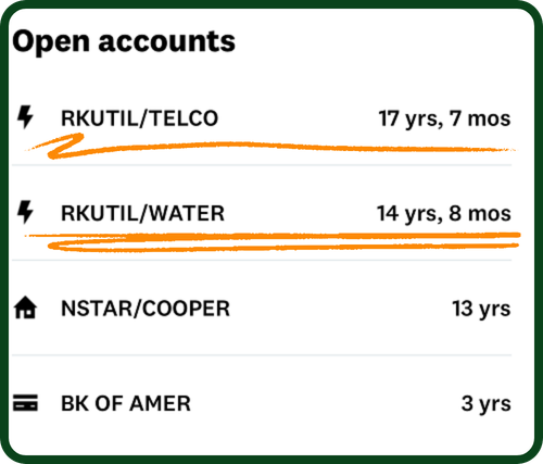 A TransUnion credit report showing RKUTIL/TELCO with 17 years 7 months and RKUTIL/WATER with 14 years 8 months listed among the open accounts.